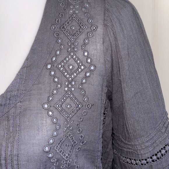 Lucky Brand gray eyelet button front w/tie boho peasant shirt top blouse S - Picture 6 of 14